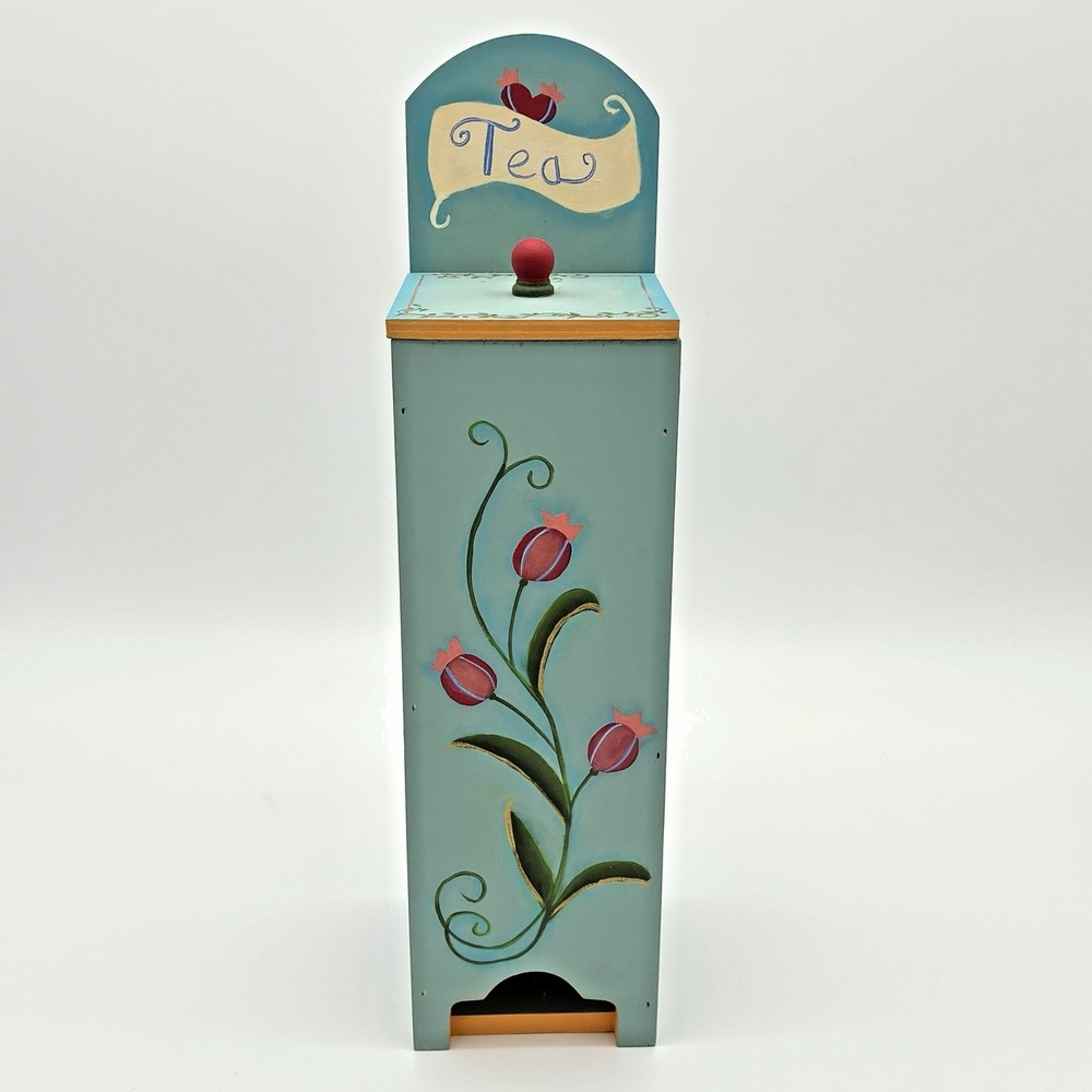 Hand Painted Wooden Tea Bag Holder Box Folk Art Floral Cottage Kitchen 14.75"H